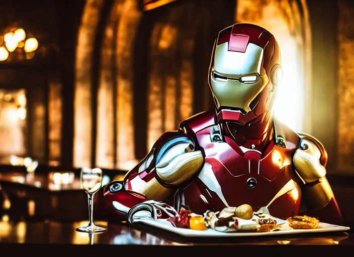 Image similar to a reflective steel engineering mask of ironman at a high end bar in a table, medieval themed castle in golden afternoon light, professional food photography