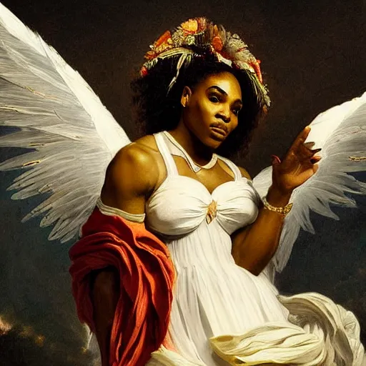 Image similar to Portrait of Serena Williams with wings as Nike Goddess standing proud, large wings, luxuriant, dreamy, eternity, romantic, strong pose, highly detailed, in the style of Franz Xaver Winterhalter, highly detailed, in the style of Aetherpunk