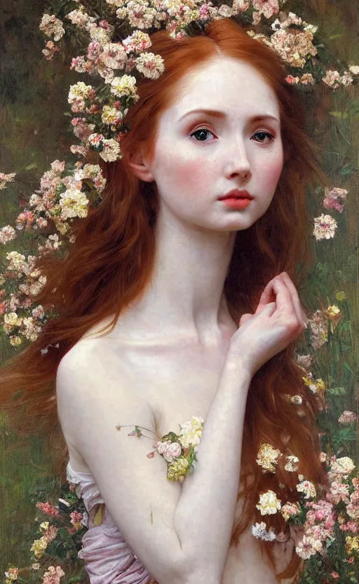 Image similar to a realistic oil painting of a girl resembling karen gillan, covered in flowers, highly detailed, intricate, detailed background, artstation, by mucha, by william adolphe bouguereau, by waterhouse