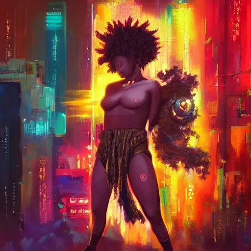 Prompt: afro - cyberpunk deities and their creations, gods and men manifesting dreams with ancestral magic in a modern world | hyperrealistic oil painting | by makoto shinkai, ilya kuvshinov, lois van baarle, rossdraws, basquiat | afrofuturism, in the style of surrealism, trending on artstation | dark color scheme