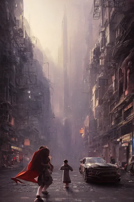 Image similar to a portrait of a small person wearing a cloke in the middle foreground walking in the street of a sci-fi city by Greg Rutkowski, Sung Choi, Mitchell Mohrhauser, Maciej Kuciara, Johnson Ting, Maxim Verehin, Peter Konig, final fantasy , mythical, 8k photorealistic, cinematic lighting, HD, high details, atmospheric,