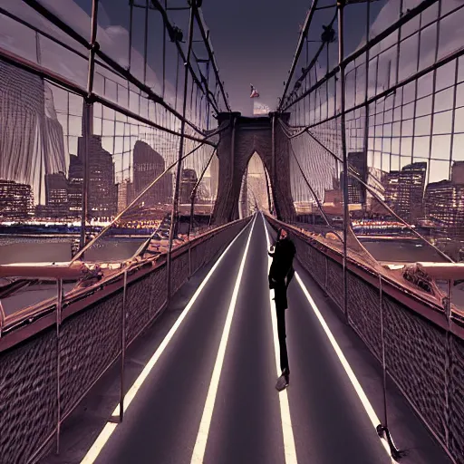 Image similar to The Beatles unreal engine 5 hanging off the Brooklyn Bridge 8k