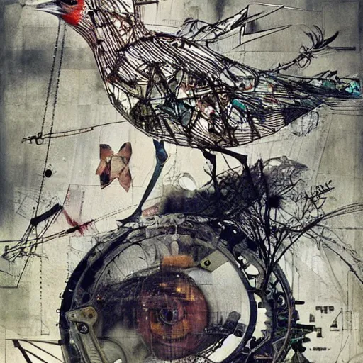 Prompt: a mechanical bird wanders between the cybernetic realms of urban science and social science, collage artwork by dave mckean and ivan shishkin and yoshitaka amano