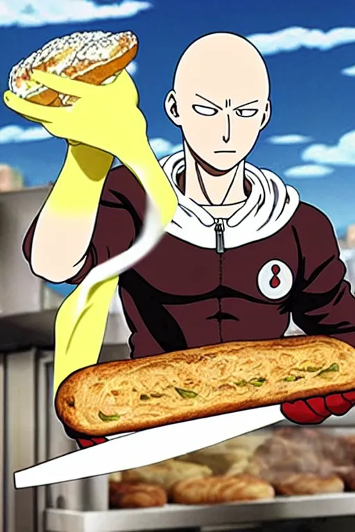 Prompt: baker saitama one punch man, cooking bread baguette, bakery