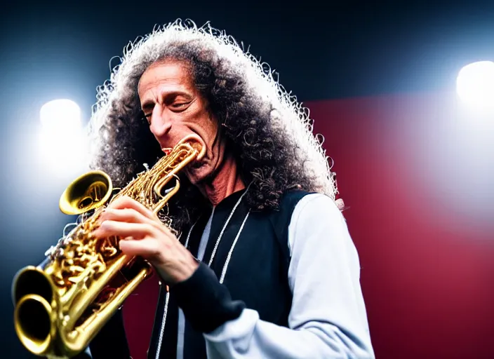 Image similar to photo still of kenny g on stage at vans warped tour!!!!!!!! at age 4 8 years old 4 8 years of age!!!!!!! playing saxophone, 8 k, 8 5 mm f 1. 8, studio lighting, rim light, right side key light