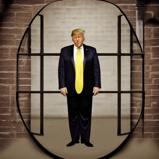 Image similar to donald trump in a prison cell wearing prison jumpsuit, photography, 4k