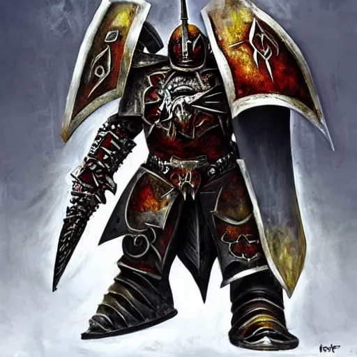 Image similar to a chaos warrior in heavy armor from warhammer, artstation hall of fame gallery, editors choice, # 1 digital painting of all time, most beautiful image ever created, emotionally evocative, greatest art ever made, lifetime achievement magnum opus masterpiece, the most amazing breathtaking image with the deepest message ever painted, a thing of beauty beyond imagination or words