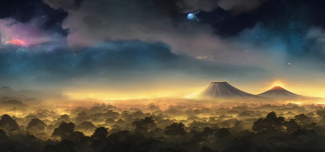 Image similar to view of an ancient japanese city at night, temples, trees, dormant volcanoes in the background, galaxy nebula, dramatic clouds, glowing fog, dramatic lighting, ultra detailed, sharp, ambient occlusion, raytracing, by greg rutowski, paul chadeisson and jessica rossier