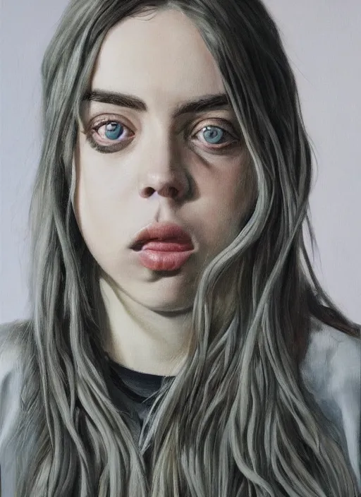 Image similar to realistic oil painting highly detailed billie eilish looking at you, dark background