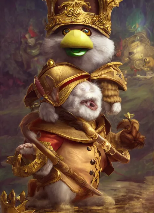 Prompt: teemo from league of legends, as king louis xv, hyper detailed, digital art, trending in artstation, cinematic lighting, studio quality, smooth render, unreal engine 5 rendered, octane rendered, art style by klimt and nixeu and ian sprigger and wlop and krenz cushart