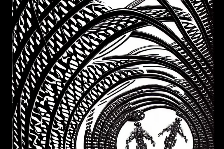 Image similar to a double helix dna cyberpunk steampunk carved archway, high details, lineart, by vincent di fate and joe fenton, inking, screen print, masterpiece, trending on artstation, sharp, high contrast, hyper - detailed,, hd, 4 k, 8 k