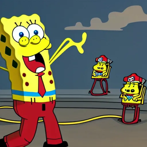 Image similar to spongebob as a firefighter in the city, cinematic, sci-fi, high definition, digital art, artstasion, deep depth of field