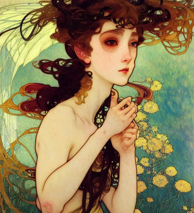 Prompt: anime girl portrait of highly details, solarpunk style,, by egon shiele and alphonse mucha, with influence of jeremy mann, peter lindbergh, dave mckean, maurice sapiro, and frank moth, soft lightning, highly detailed, 8 k