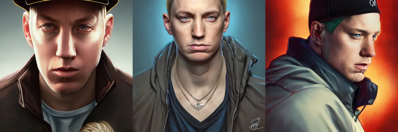 Prompt: portrait of Eminem as a detective, highly detailed, digital painting, artstation, concept art, sharp focus, illustration, art by artgerm and greg rutkowski and alphonse mucha