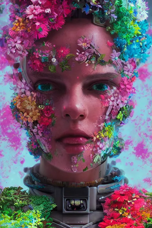 Prompt: a digital painting of a robot with flowers, closeup cyberpunk portrait by Filip Hodas, cgsociety, panfuturism, made of flowers, dystopian art, vaporwave