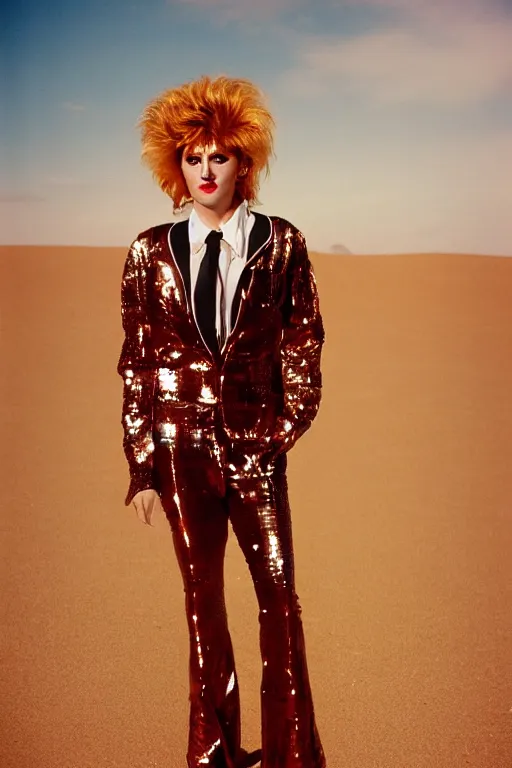 Image similar to portrait davis taylor brown dressed in 1 9 8 1 space fantasy fashion, new wave, shiny metal, standing in a desert