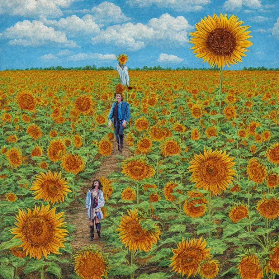 Prompt: Artwork illustrating sentient walking sunflowers walking deserted farm fields in a surrealist style.