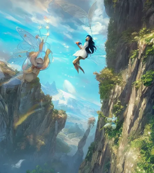 Image similar to fairy full body flying high to the sky, highly detailed, trending on Artstation, Unreal Engine 4k, cinematic wallpaper by Stanley Artgerm Lau, WLOP, Rossdraws, James Jean, Andrei Riabovitchev, Marc Simonetti, and Sakimichan