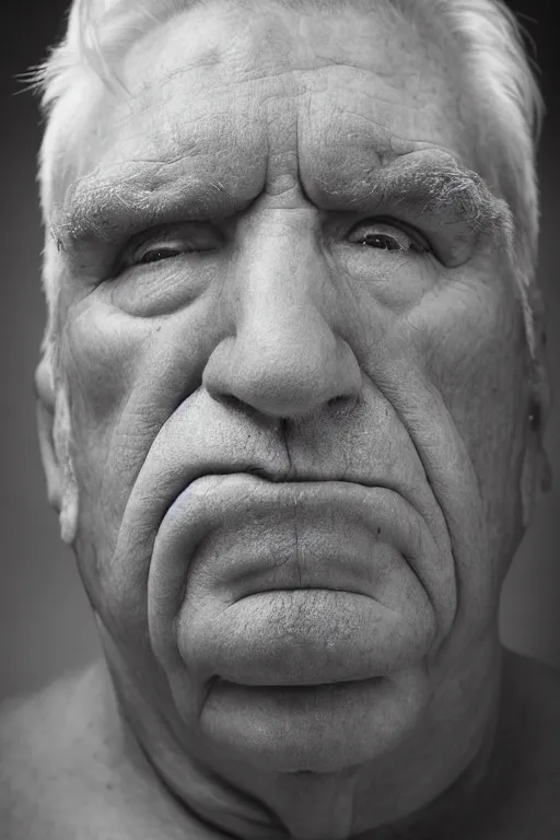 Image similar to portrait of a heavy old man with shaved face and white hair. he has a sad look in his eyes. studio lighting