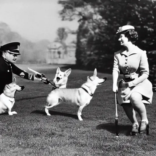 Image similar to historical photo of queen elizabeth and her corgis defeating hitler in hand to hand combat, natural sunlight, sharp focus, highly detailed, depth of field