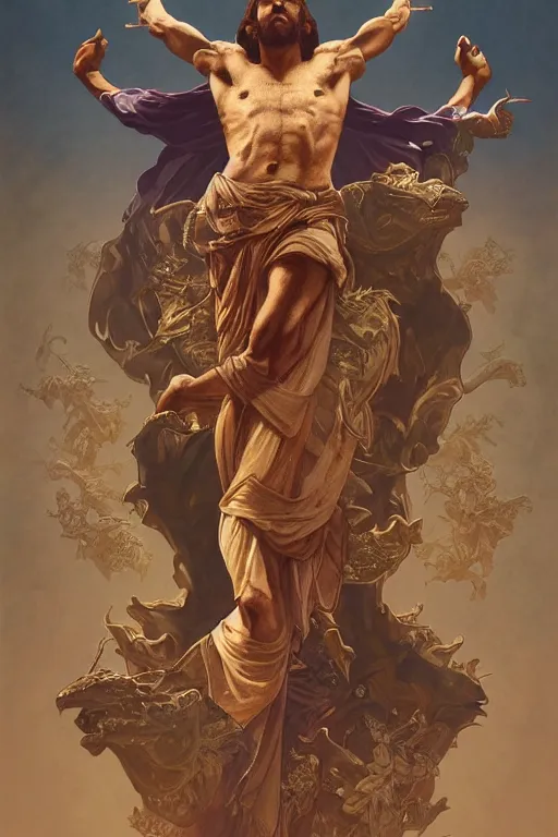 Image similar to fullbody!! dynamic action pose, jesus christ with the head of a lizard, reptilian scales, holy cross, religious, intricate, elegant, highly detailed, digital painting, artstation, concept art, smooth, sharp focus, illustration, art by artgerm and greg rutkowski and alphonse mucha
