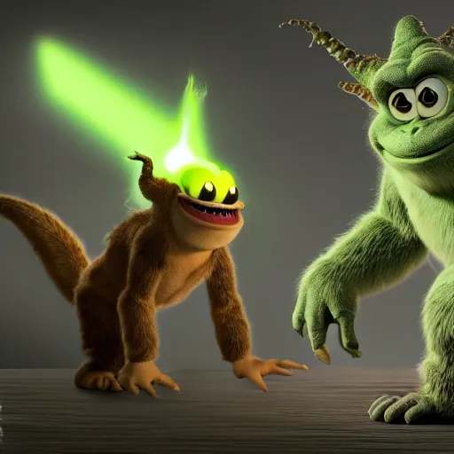 Image similar to mark zuckerberg godzilla yoda donkey kong pikachu yeti shrek super mario homer groot waluigi darth vader mike wazowski, highly detailed, extremely high quality, hd, 4 k, 8 k, professional photographer, 4 0 mp, lifelike, top - rated, award winning, cinematic, realistic, detailed lighting, detailed shadows, sharp, no blur, edited, corrected, trending