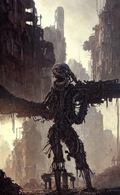 Prompt: A ghoul wearing raider gear stands in the middle of the street, biomechanical, ruined postapocalyptic city, science fiction, highly detailed, digital painting, artstation, concept art, illustration, art by Greg Rutkowski and alphonse mucha