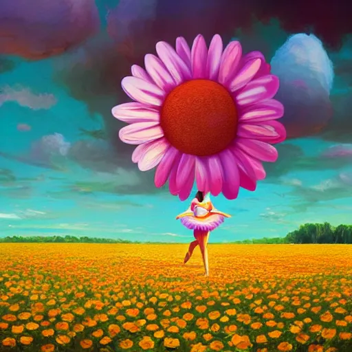 Image similar to giant daisy flower as head, girl ballet dancing in a flower field, surreal photography, sunrise, dramatic light, impressionist painting, colorful clouds, digital painting, artstation, simon stalenhag