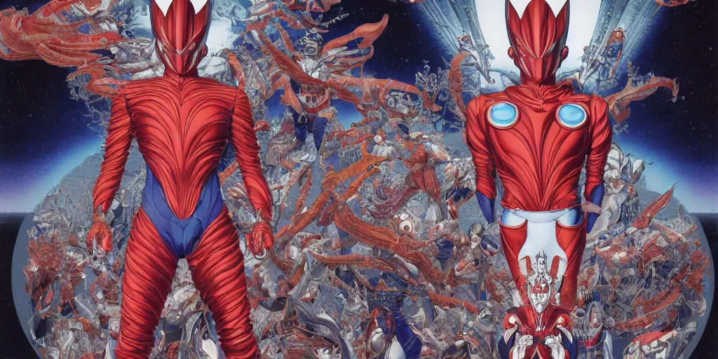 Image similar to ultraman, symmetrical, by yoichi hatakenaka, masamune shirow, josan gonzales and dan mumford, ayami kojima, takato yamamoto, barclay shaw, karol bak, yukito kishiro