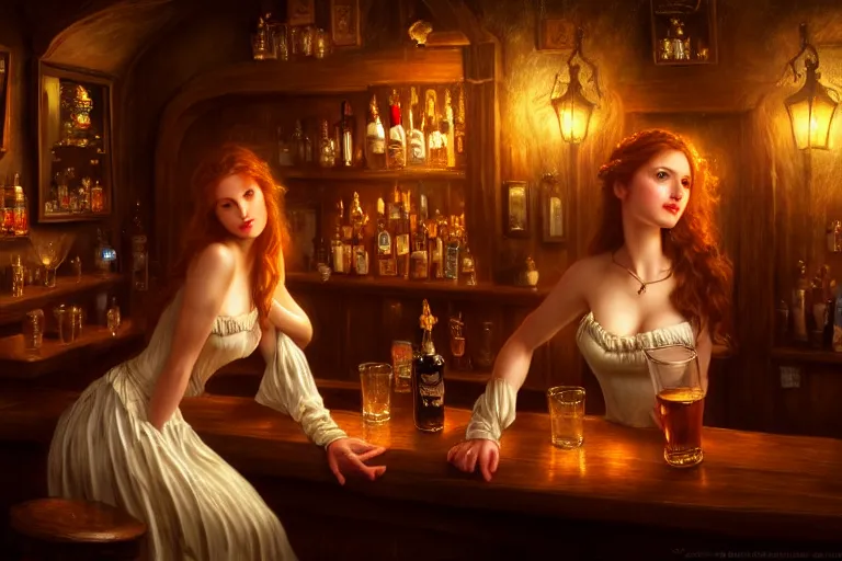 Image similar to a beautiful barmaid, dimly lit cozy crowded tavern, relaxed pose, fantasy, intricate, elegant, dramatic lighting, emotionally evoking symbolic metaphor, highly detailed, lifelike, photorealistic, digital painting, artstation, concept art, smooth, sharp focus, illustration, art by John Collier and Albert Aublet and Krenz Cushart and Artem Demura and Alphonse Mucha, masterpiece