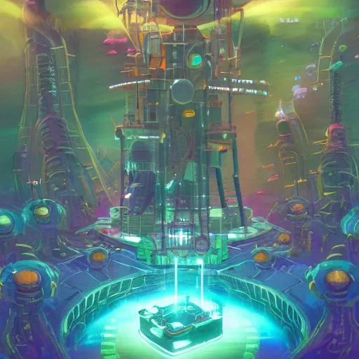 Image similar to an underwater city made of light matter built standing in the hands of a giant defunct robot mech and trying to save the planet one plant at a time, set in the distant future, plants, light prisms, rainbow diffraction, steampunk, cyberpunk, robots, warm lights, anime, vhs distortion, art style mimics starlight brigade by game grumps