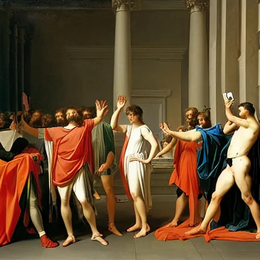 Prompt: oath of the horatii painting, holding cellphones, jacques louis david, neoclassical