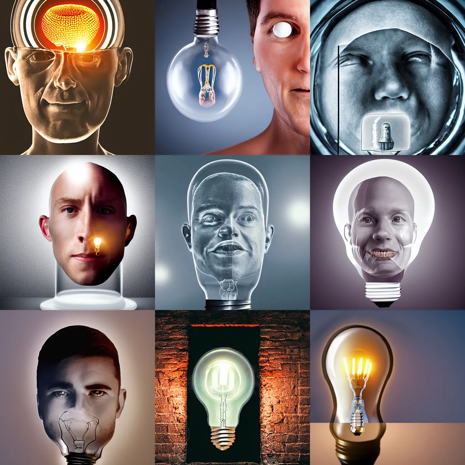 Prompt: A lightbulb with a hyper realistic human head filing the entire inside the glass