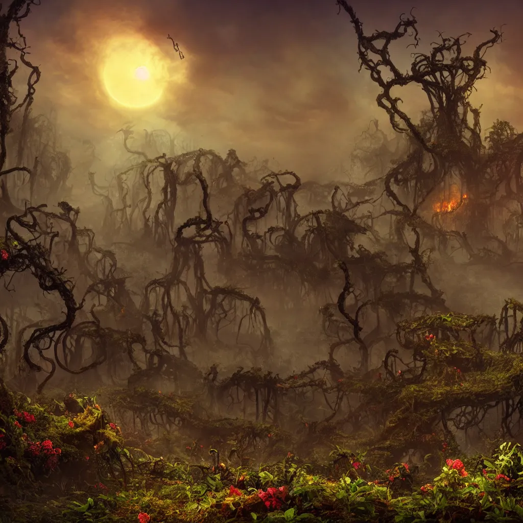 Image similar to An incredibly beautiful but ominous matte painting depicting a profusion of evil carnivorous vines and colorful flowers and lush exotic trees and bloated toadstools, with horrifying huge burning eyes and jagged bloody teeth, overgrowing a desolate ruins submerged in fog beneath the setting sun, nvidia, vray, evening, epic scale