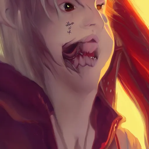 Image similar to a pale redheaded demoness with yellow eyes and horns wearing a jacket, highly detailed, digital painting, artstation, matte, by makoto shinkai, animation style