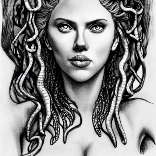 Prompt: pencil drawing of scarlett johansson as medusa wearing snakes in her head in the berserk manga, smiling expression showing fangs, big snakes heads, by kentaro miura