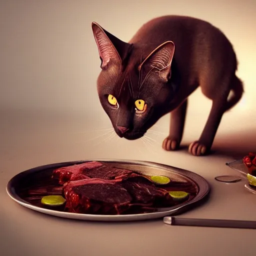Prompt: cute burmese cat sniifing a plate of meat, sharp focus, octane render, volumetric lighting, 8k high definition, by greg rutkowski, highly detailed, trending on art Station