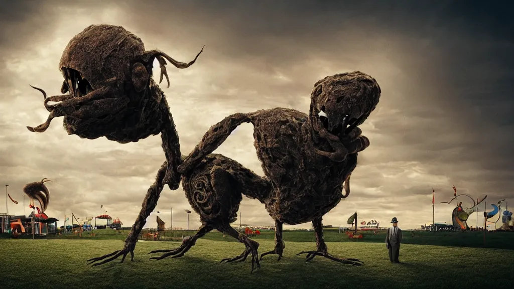 Image similar to the strange creature at the county fair that hid at night, made of metal, film still from the movie directed by Denis Villeneuve with art direction by Salvador Dalí, long lens