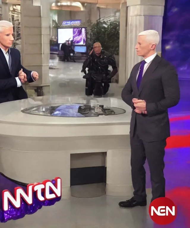 Image similar to anderson cooper interviewing thanos on cnn