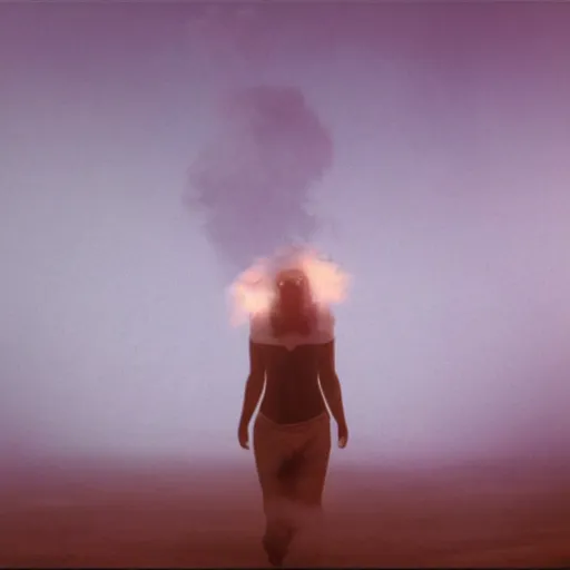 Image similar to The full body shot of beautiful pale woman with white flowers and full-face golden mask inside a thick black smoke in rocky desert landscape, glowing eyes everywhere, burning earth by Gaspar Noe and Christopher Doyle, anamorphic lens, anamorphic lens flares, kodakchrome, cinematic composition, practical effects, award winning photo, 8k