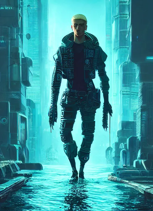 Prompt: an epic fantastic realism comic book style portrait painting of cyberpunk assassin walking on water, teal energy, young beautiful blonde male teenage boy, d & d concept art, unreal 5, daz, hyperrealistic, octane render, cosplay, rpg portrait, dynamic lighting