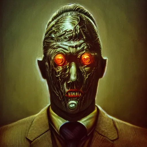 Prompt: a pickle in a suit and tie, facial portrait, by giger, stalenhag, beksinski, retro sci - fi movie, highly detailed, photorealistic, illustration, matte painting, 8 k, hd, trending on artstation