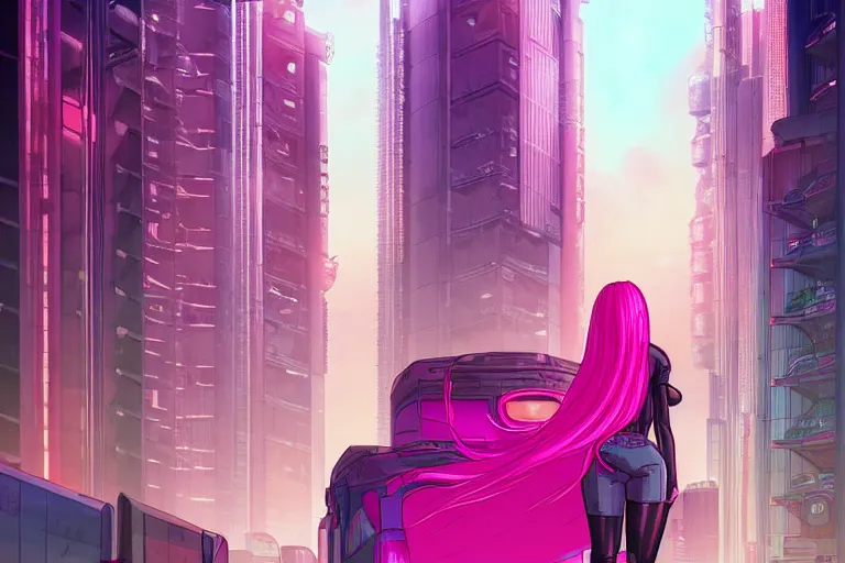 Prompt: a woman with pink hair standing in front of a city, cyberpunk art by patrick brown, trending on artstation, afrofuturism, synthwave, darksynth, retrowave