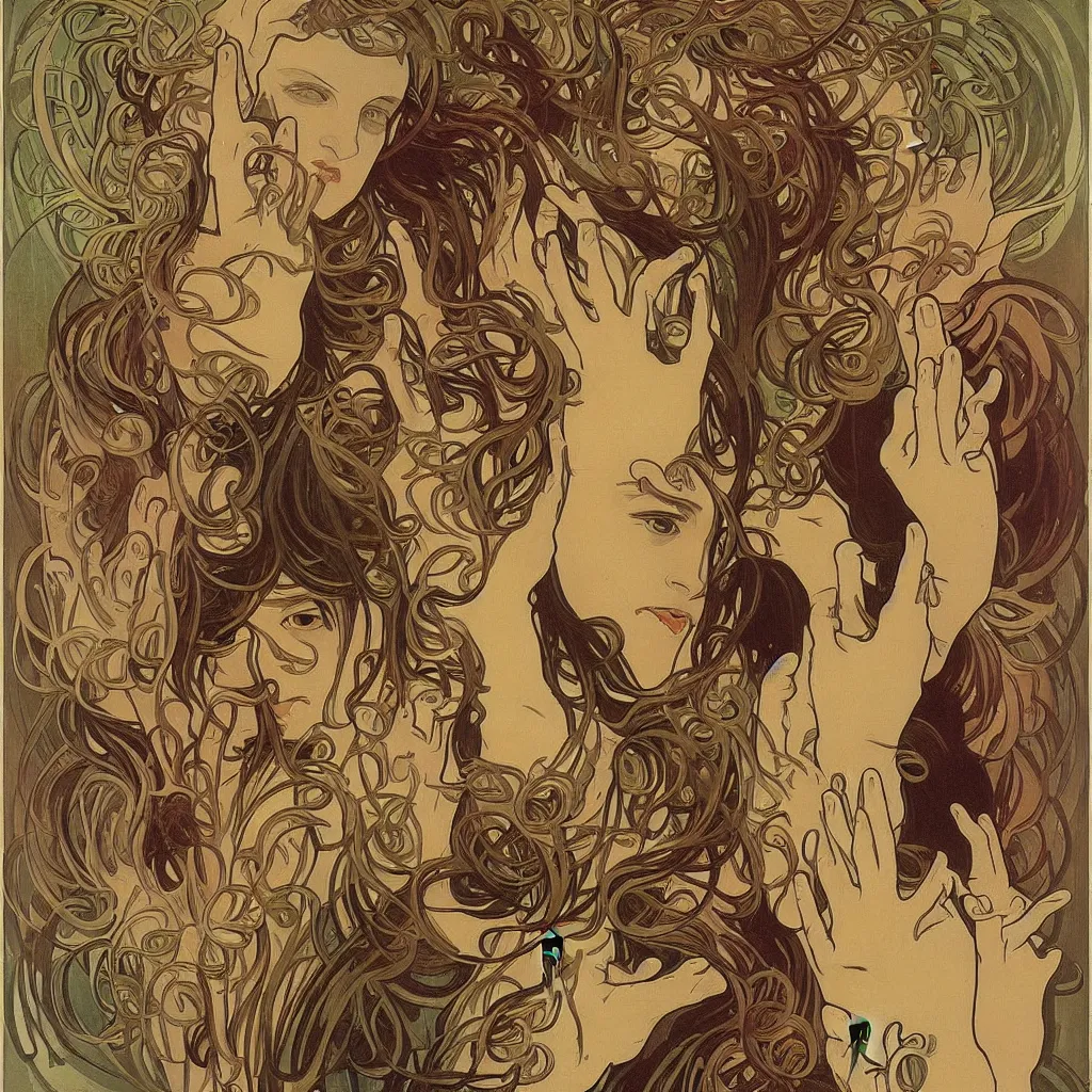 Prompt: too many hands, gnarled, so many hands, fingers, weird amount of hands, by alphonse mucha