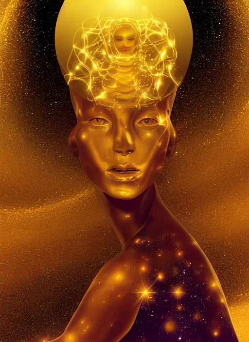 Image similar to a golden woman 2/3 figurative portrait, in space, head breaking apart and spiraling geometry into the sky upwards into another dimension, lazer light beaming down to top of her head, by moebius and Yoshitaka amano, painterly digital art