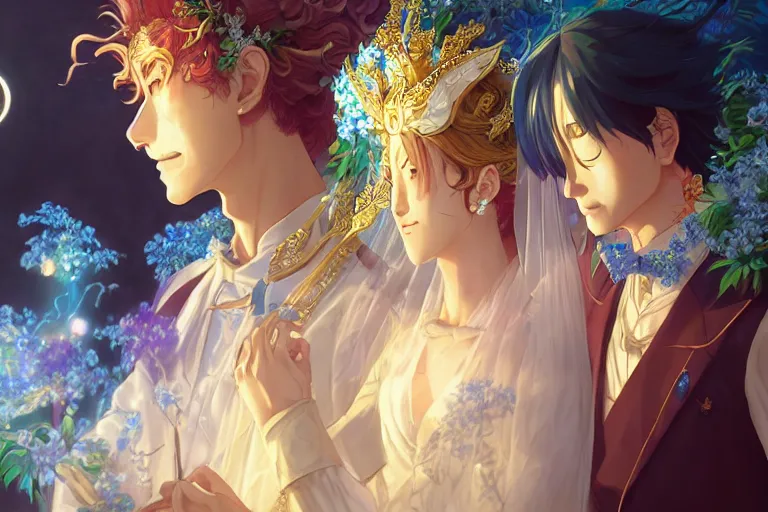 Image similar to a dreamlike portrait of wedding close up moment of a divine a japan sun god and moon goddess lovers magician at a wedding banquet. highly detailed, digital painting, fantasy wedding screen, 8 k realistic, hyper detailed, by makoto shinkai and akihiko yoshida and hidari and wlop