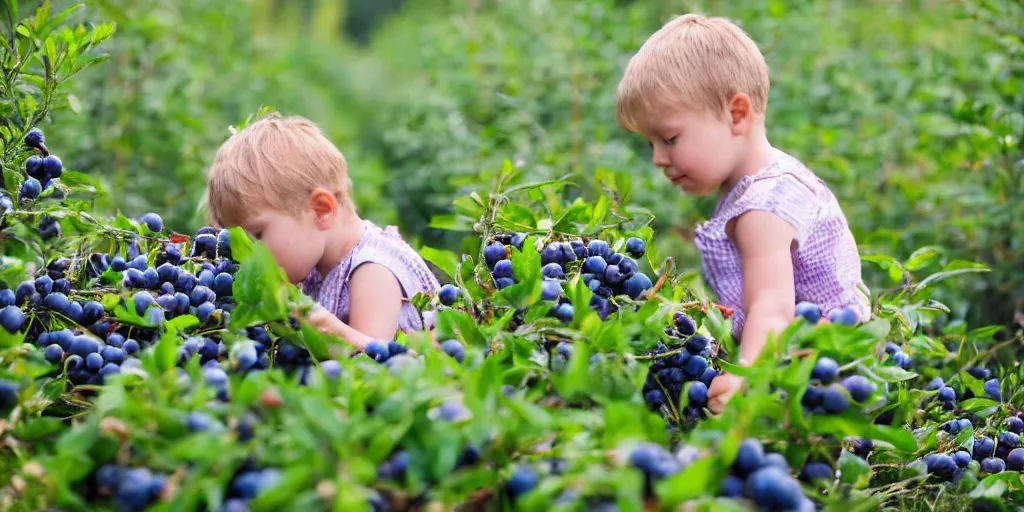 Prompt: a small child picking blueberries in a field on a bright and sunny morning