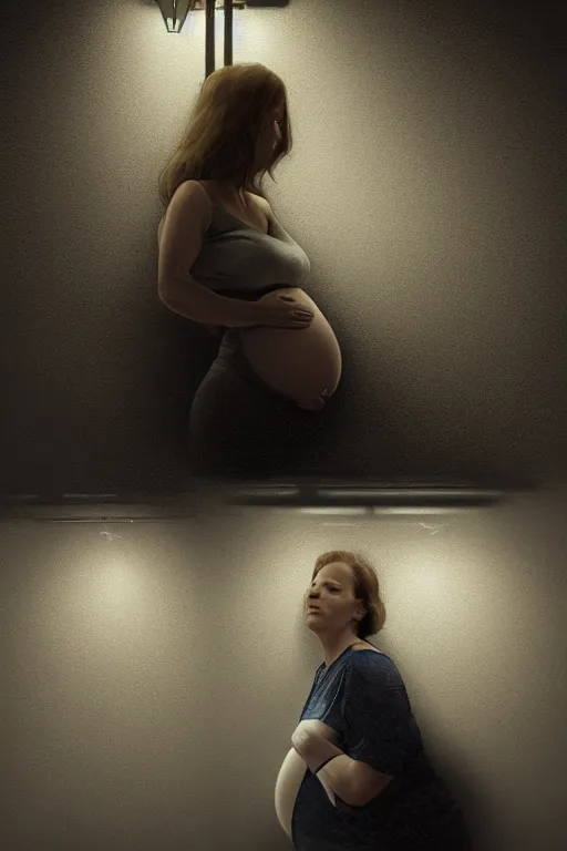 Prompt: pregnant woman under street light, highly detailed, sharp focused, ultra realistic digital concept art by Alyssa Monks