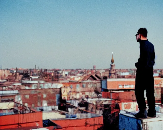 Image similar to lomo photo of man standing on the roof of soviet hrushevka, small town, cinestill, bokeh, out of focus