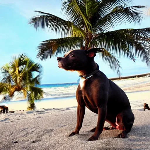 Image similar to an american pitpull terrier on an island beach with palm trees in the background